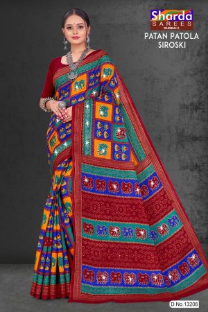 Patan Patola Siroski cotton saree in maroon, peacock green, and orange with simple design