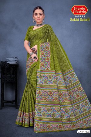 Sakhi Saheli Cotton Saree in Mehndi Color with Simple and Unique Design