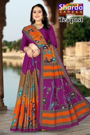 Tea Post Vol-2 Cotton Saree with Purple and Orange – Stunning Bold Design