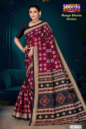 Mango Khatta Doriya maroon and black cotton saree with traditional bandhani design