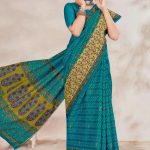 Close-up of chutney green floral and leaf design on Shagun Malai cotton saree with blue base