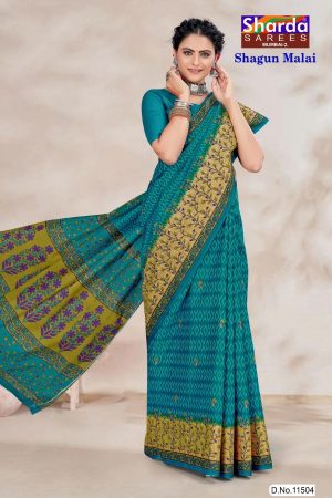 Close-up of chutney green floral and leaf design on Shagun Malai cotton saree with blue base