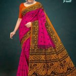 Pink and light brown seasonal fruit cotton saree with accent design