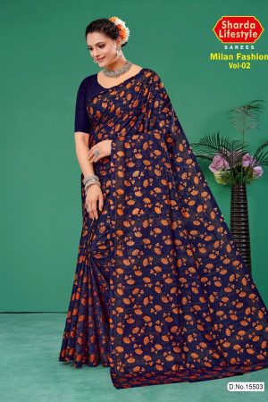 Milan Fashion Vol.02 cotton saree in navy blue and copper with floral design