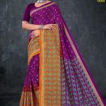 Bhagya Vidhata Gold cotton saree in royal purple and orange with small flower design