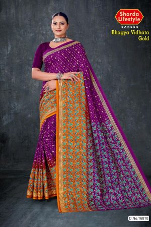 Bhagya Vidhata Gold cotton saree in royal purple and orange with small flower design