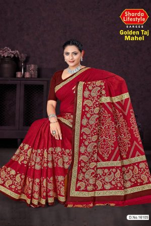 Golden Taj Mahal Cotton Saree in Red and Golden Color