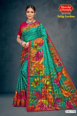 Tulip Garden Cotton Saree with Peacock Green and Pink with Flower Design