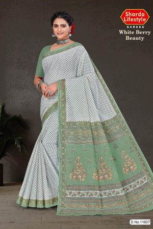 White Berry Beauty cotton saree in white and light green with simple design