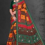 Patan Patola Siroski cotton saree in green, red, and orange with simple design