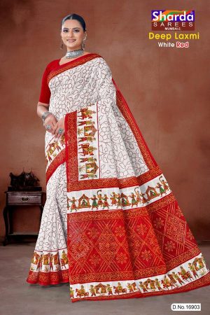 Deep Laxmi White Red Cotton Saree with Red Dot Flower & Single Leaves and Maharaja Design