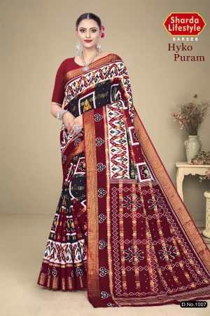 Hyko Puram Vol.02 Cotton Saree in Black, White & Maroon with Premium Design