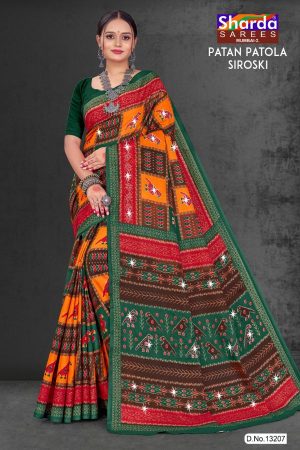 Patan Patola Siroski cotton saree in green, red, and orange with simple design