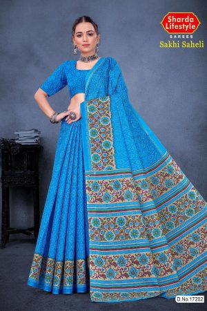 Sakhi Saheli Cotton Saree in Blue Color with Simple and Unique Design