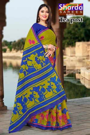 Tea Post Vol-2 Cotton Saree with Mehndi and Blue – Stunning Bold Design