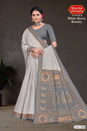 White Berry Beauty cotton saree in white and light grey with simple design