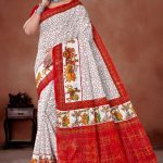 Deep Laxmi White Red Cotton Saree with Red Dot Flower & Single Leaves and Lady Design