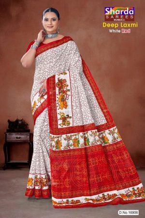 Deep Laxmi White Red Cotton Saree with Red Dot Flower & Single Leaves and Lady Design