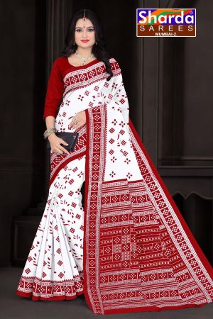 I Love You Orissa White Red Cotton Saree with 9 Red Dot Design