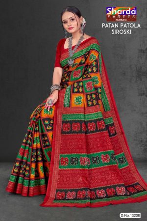 Patan Patola Siroski cotton saree in black, red, and green with simple design