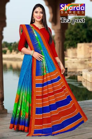 Tea Post Vol-2 Cotton Saree with Sky Blue and Red – Stunning Bold Design