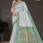 White Berry Beauty cotton saree in white and light green with simple design