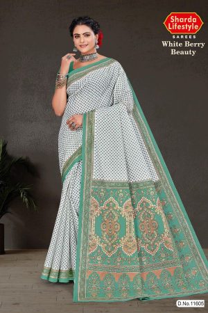 White Berry Beauty cotton saree in white and light green with simple design