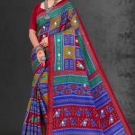 Patan Patola Siroski cotton saree in maroon, blue, and light green with simple design