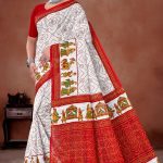 Deep Laxmi White Red Cotton Saree with Red Dot Flower & Single Leaves and Dolly Design