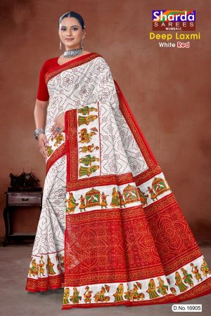 Deep Laxmi White Red Cotton Saree with Red Dot Flower & Single Leaves and Dolly Design