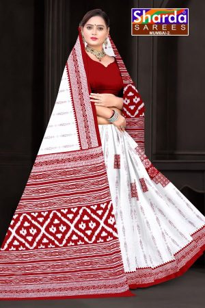 I Love You Orissa White Red Cotton Saree with Simple Design