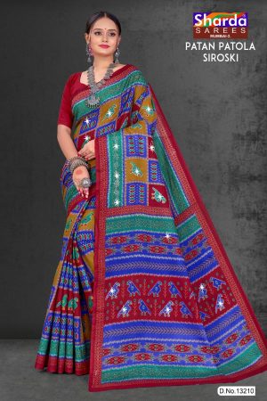 Patan Patola Siroski cotton saree in maroon, blue, and light green with simple design