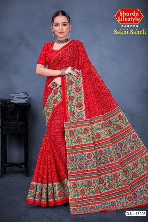 Sakhi Saheli Cotton Saree in Red Color with Simple and Unique Design