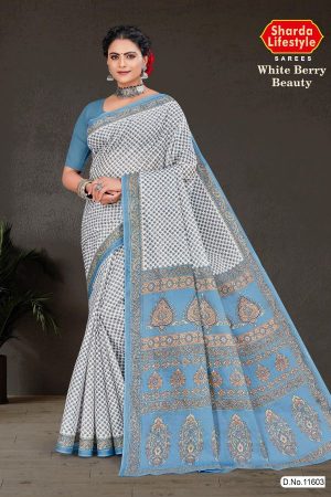 White Berry Beauty cotton saree in white and light blue with simple design