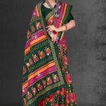 Patan Patola Siroski cotton saree in dark green, orange, and pink with simple design