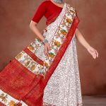 Deep Laxmi White Red Cotton Saree with Red Dot Flower and Lady Design