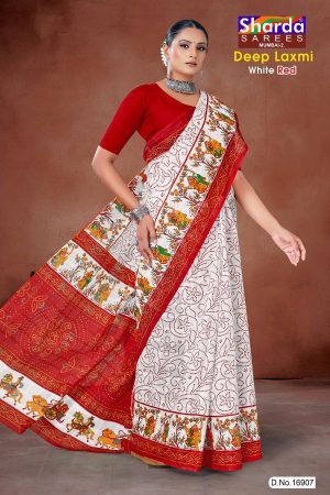 Deep Laxmi White Red Cotton Saree with Red Dot Flower and Lady Design