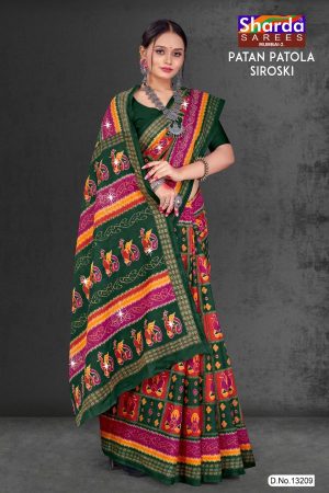 Patan Patola Siroski cotton saree in dark green, orange, and pink with simple design