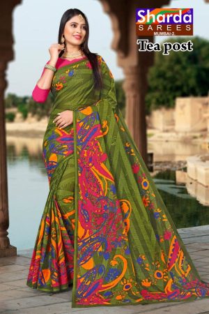 Tea Post Vol-2 Cotton Saree with Light Green and Pink – Stunning Bold Design