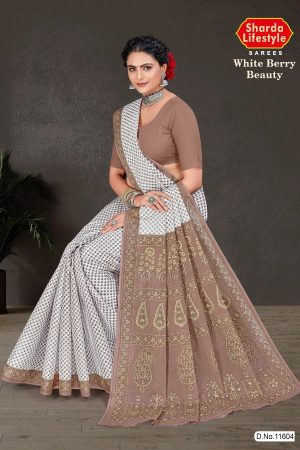 White Berry Beauty cotton saree in white and light brown with simple design