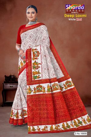 Deep Laxmi White Red Cotton Saree with Red Dot and Dolly Design