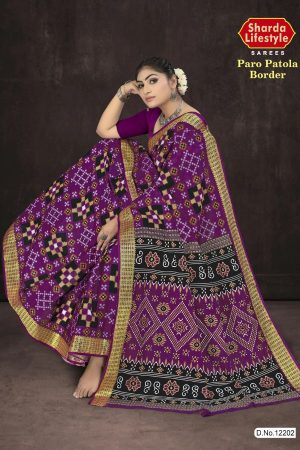 Paro Patola Border cotton saree in magenta and black with bandhani pattern design