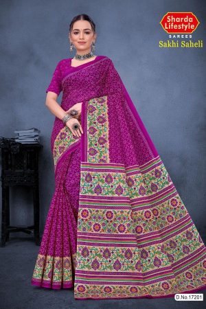 Sakhi Saheli Cotton Saree in Purple Color with Simple and Unique Design