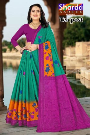 Tea Post Vol-2 Cotton Saree with Peacock Green and Magenta – Stunning Bold Design