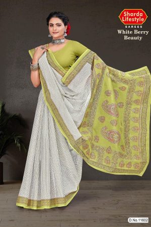 White Berry Beauty cotton saree in white and light dull yellow with simple design