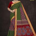 Paro Patola Border cotton saree in green and dark red with bandhani pattern design