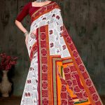 Devi Laxmi Cotton Saree with White, Red, and Orange Bandhani Design