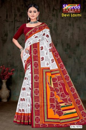 Devi Laxmi Cotton Saree with White, Red, and Orange Bandhani Design