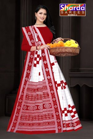 I Love You Orissa White Red Cotton Saree with Square Design