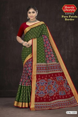 Paro Patola Border cotton saree in green and dark red with bandhani pattern design